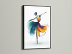 Ballet dancer artwork is presented in a sleek black frame. The abstract watercolor design features vibrant blue and orange colors. This piece is ideal for dance wall decor and adds a contemporary touch to any space. A ballerina print for modern art lovers.
