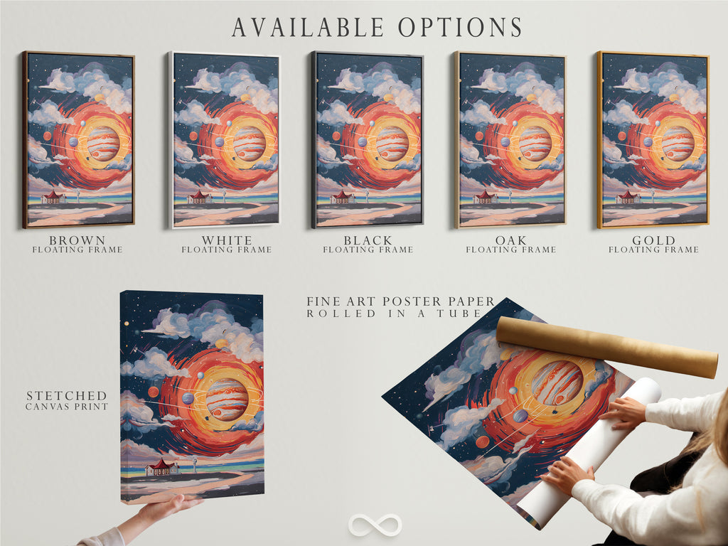 Available options are shown for the cosmic lighthouse artwork. Choose from stretched canvas prints fine art poster paper or floating frames. Customize your space art to match your style.