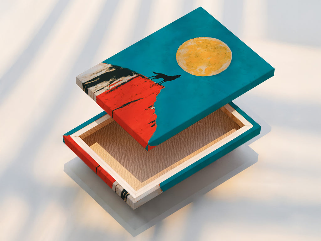 A stretched canvas print of the Wolf Moon artwork is displayed. The southwestern desert wall art is ready to hang. Teal and orange colors bring life to any room. This animal canvas print is a durable and stylish choice. It is perfect for modern home decor.