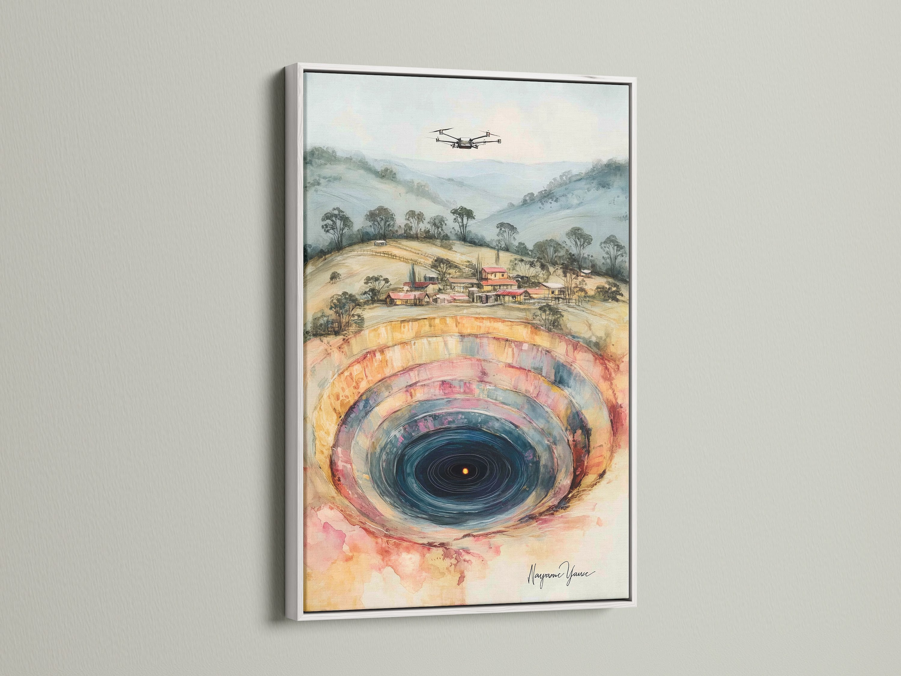 Abstract Mine art in a white frame. The watercolor art features peach and teal tones. This contemporary piece adds sophistication to any space. The white frame provides a clean contrast. Perfect for modern home decor.