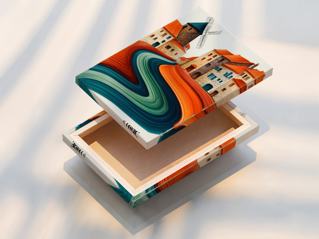 This is a stretched canvas print of the whimsical village artwork. The abstract landscape uses teal and terracotta colors. This modern piece is ready to hang. Perfect for adding a touch of European charm to your living room bedroom or office decor.