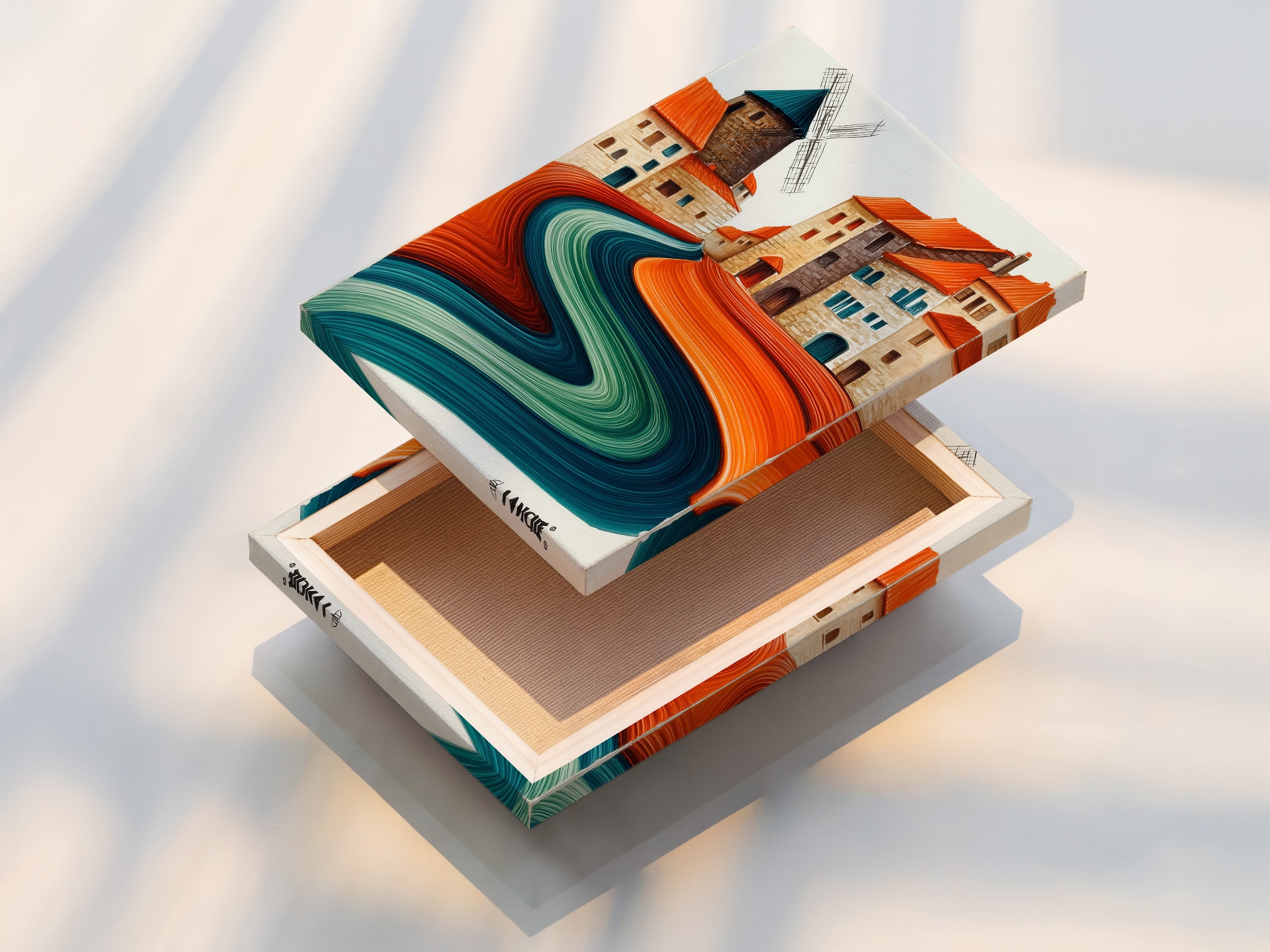 This is a stretched canvas print of the whimsical village artwork. The abstract landscape uses teal and terracotta colors. This modern piece is ready to hang. Perfect for adding a touch of European charm to your living room bedroom or office decor.