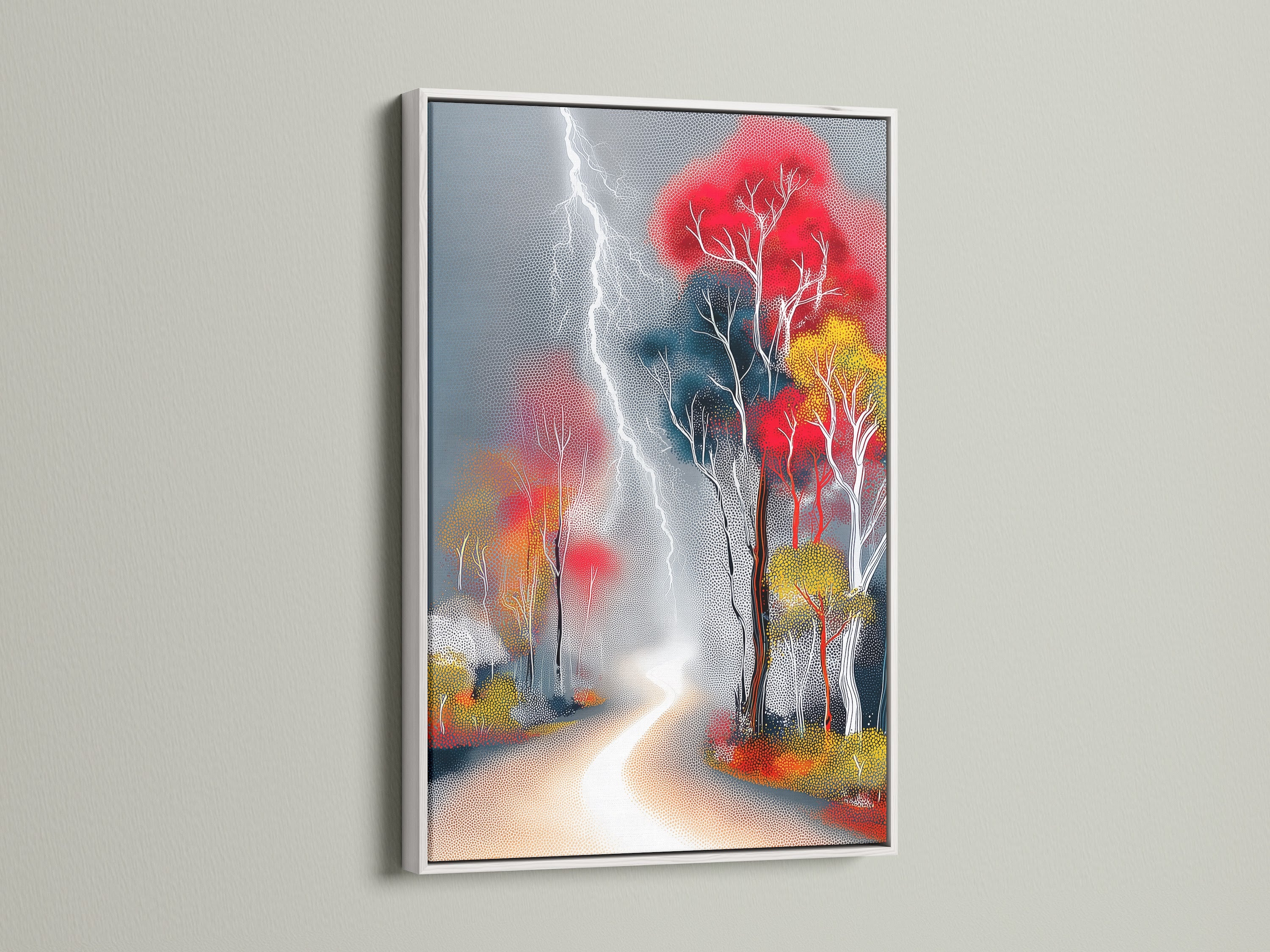 Admire the 'Lightning Forest' artwork in a white frame. The art features colorful trees and a modern storm. The white frame adds a touch of elegance. Ideal for minimalist or eclectic spaces. Enhance your decor with this stunning nature print.