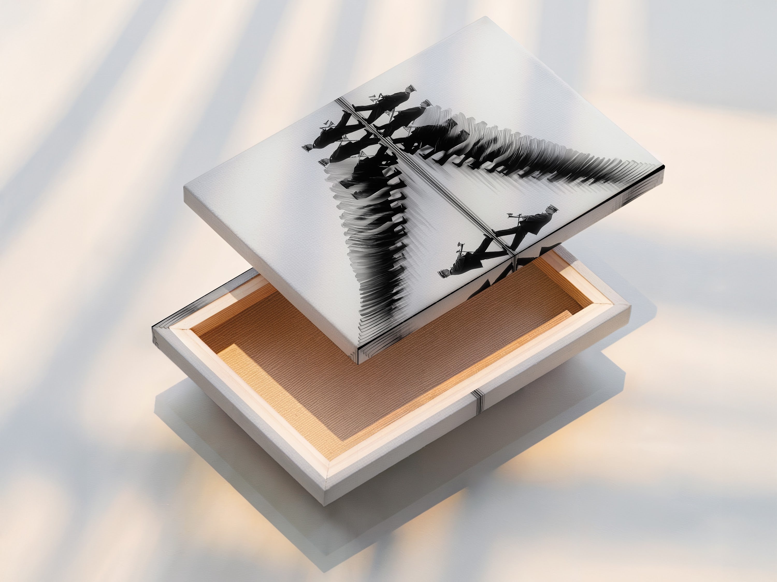 A stretched canvas print of a marching band artwork. The black and white reflection print creates a modern look. Ideal for contemporary spaces. Enhance your office wall art study decor or music room. This piece is perfect for music enthusiasts seeking refined art.