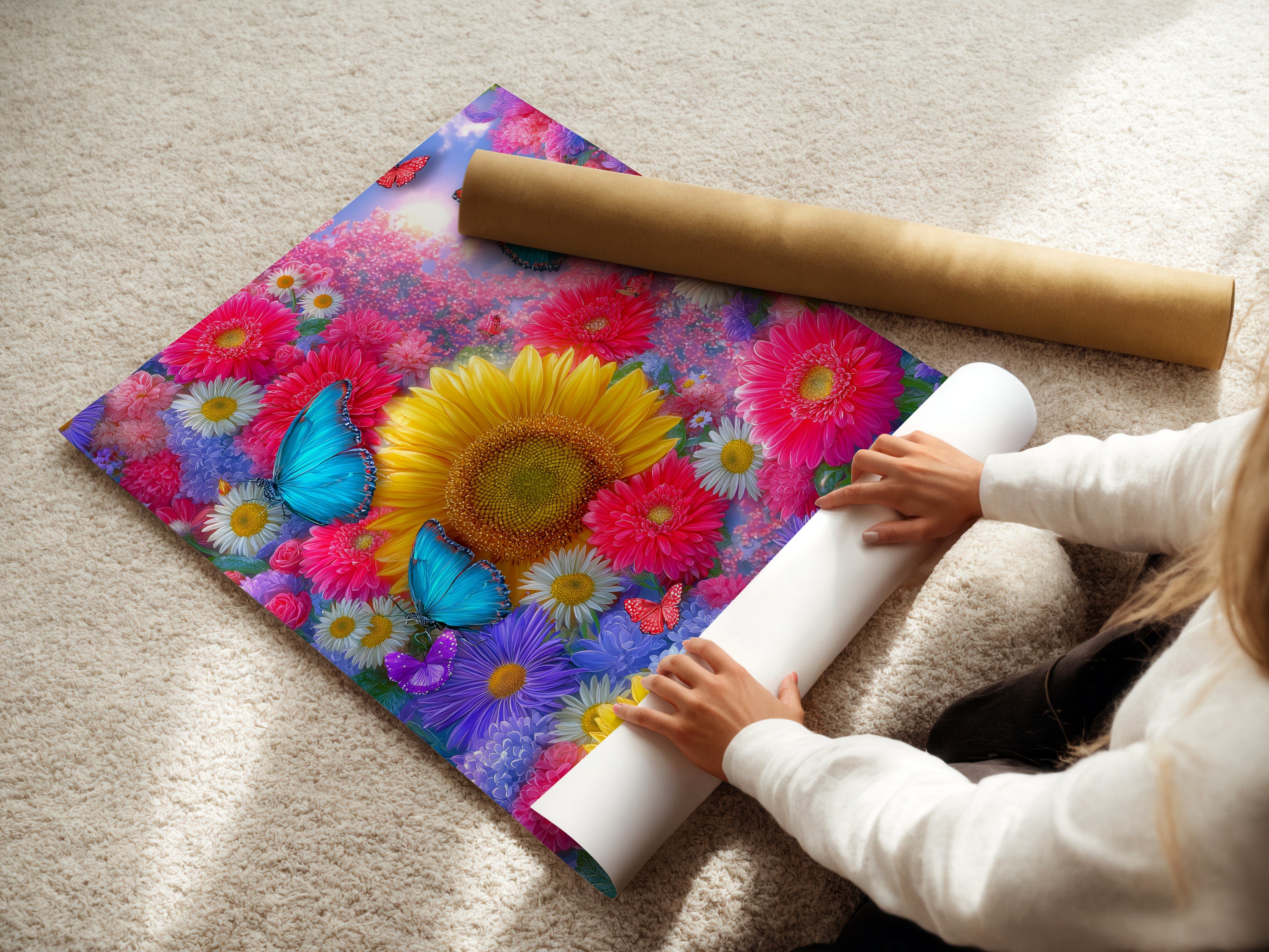 A woman is carefully rolling a fine art poster paper featuring butterfly flower garden artwork. The artwork includes vibrant sunflowers and colorful botanical elements. This poster is perfect for framing or displaying as is. Ideal for adding a touch of spring to any room.