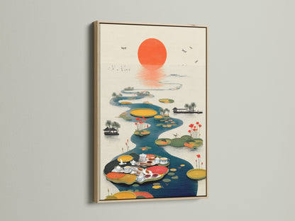 Asian Tea Ceremony canvas print displayed in an oak frame. The artwork showcases a serene lotus pond perfect for oriental wall art. It enhances dining rooms living rooms and tea houses. The oak frame complements the artwork's tranquil aesthetic. Add a touch of Asian charm to your space.
