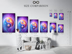 A size comparison chart is shown in an interior setting. The Yin Yang artwork is available in various sizes. This cosmic spiritual wall art fits any space. Perfect for modern or bohemian styles.