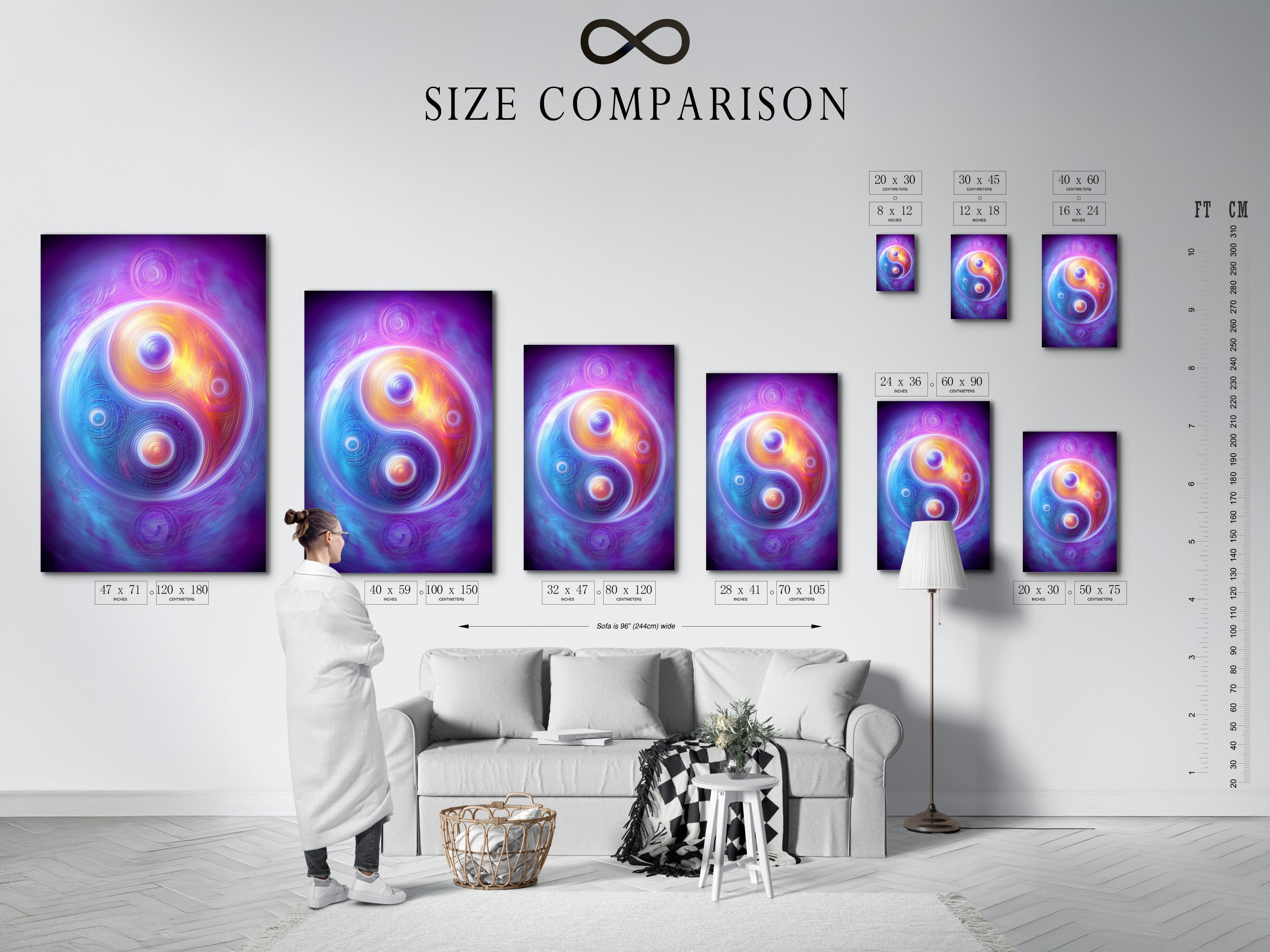 A size comparison chart is shown in an interior setting. The Yin Yang artwork is available in various sizes. This cosmic spiritual wall art fits any space. Perfect for modern or bohemian styles.