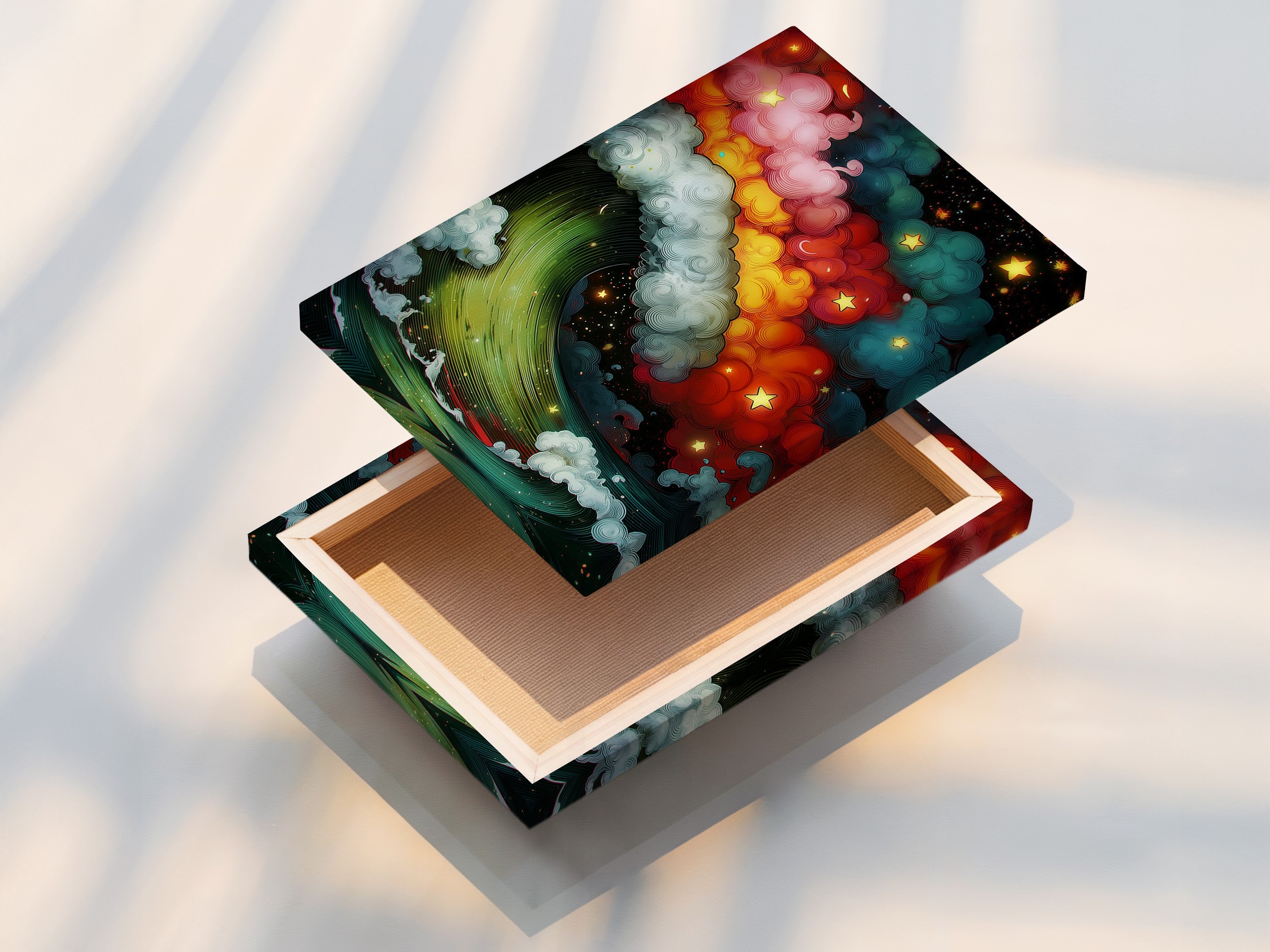 This is a stretched canvas print of the Cosmic Wave artwork. The stretched canvas print is ready to hang and enjoy. No additional framing is needed for this vibrant celestial ocean wall art. Perfect for adding colorful space art to your home.