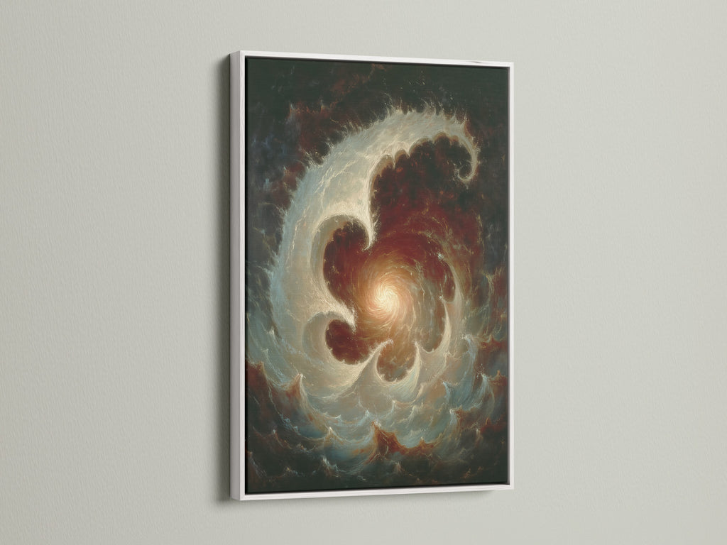 Celestial Vortex abstract galaxy wall art is displayed in a white frame. The space themed art makes a unique gift for a student. The celestial canvas will enhance study room decor. It is perfect for dark academia.