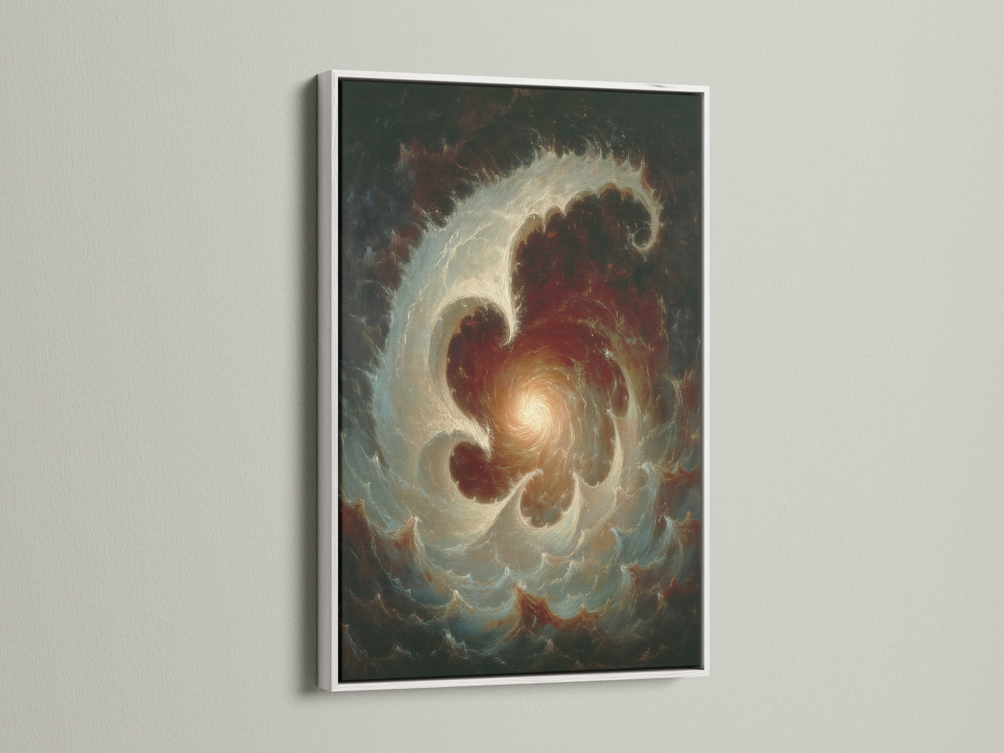 Celestial Vortex abstract galaxy wall art is displayed in a white frame. The space themed art makes a unique gift for a student. The celestial canvas will enhance study room decor. It is perfect for dark academia.