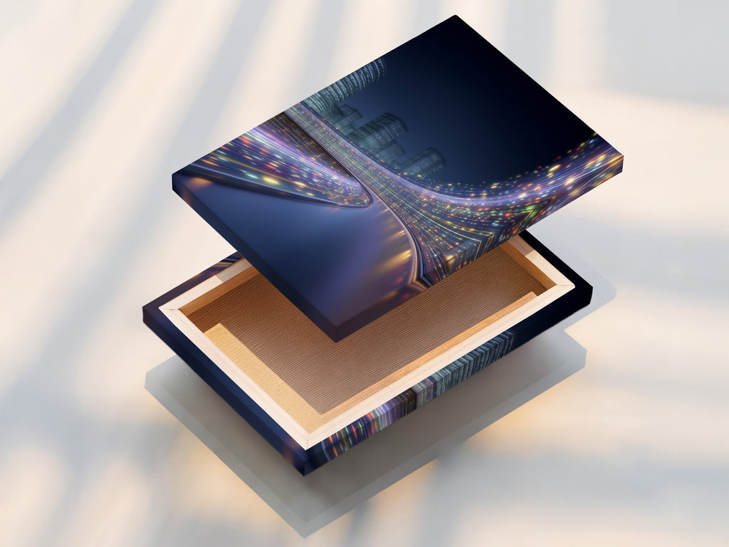 A stretched canvas print displays futuristic cityscape artwork. The modern urban scene comes to life with vibrant digital city lights. This stretched canvas is ready to hang. It provides a clean and contemporary look for any living room bedroom or office space.