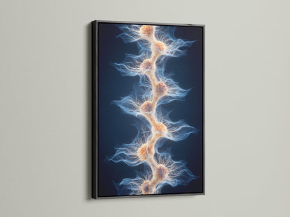 The artwork is displayed in a floating black frame. The black frame gives the artwork a classic look. The art piece is displayed against a white wall. The frame is a great choice for any room. Get yours today and display your art.