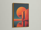 The abstract sunset artwork is beautifully displayed in a gold frame. The gold frame adds a touch of luxury. The modern geometric wall art exudes elegance. The coral orange print glows with warmth. This contemporary piece enhances any room's decor. Perfect for art enthusiasts seeking refined pieces. Elevate your space with this stunning artwork.