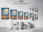 A size comparison chart showcases the Santa Claus canvas print in an interior. See how the artwork fits in different room settings. Visualize the perfect size for your holiday wall decor. This chart helps homeowners and designers make informed choices.
