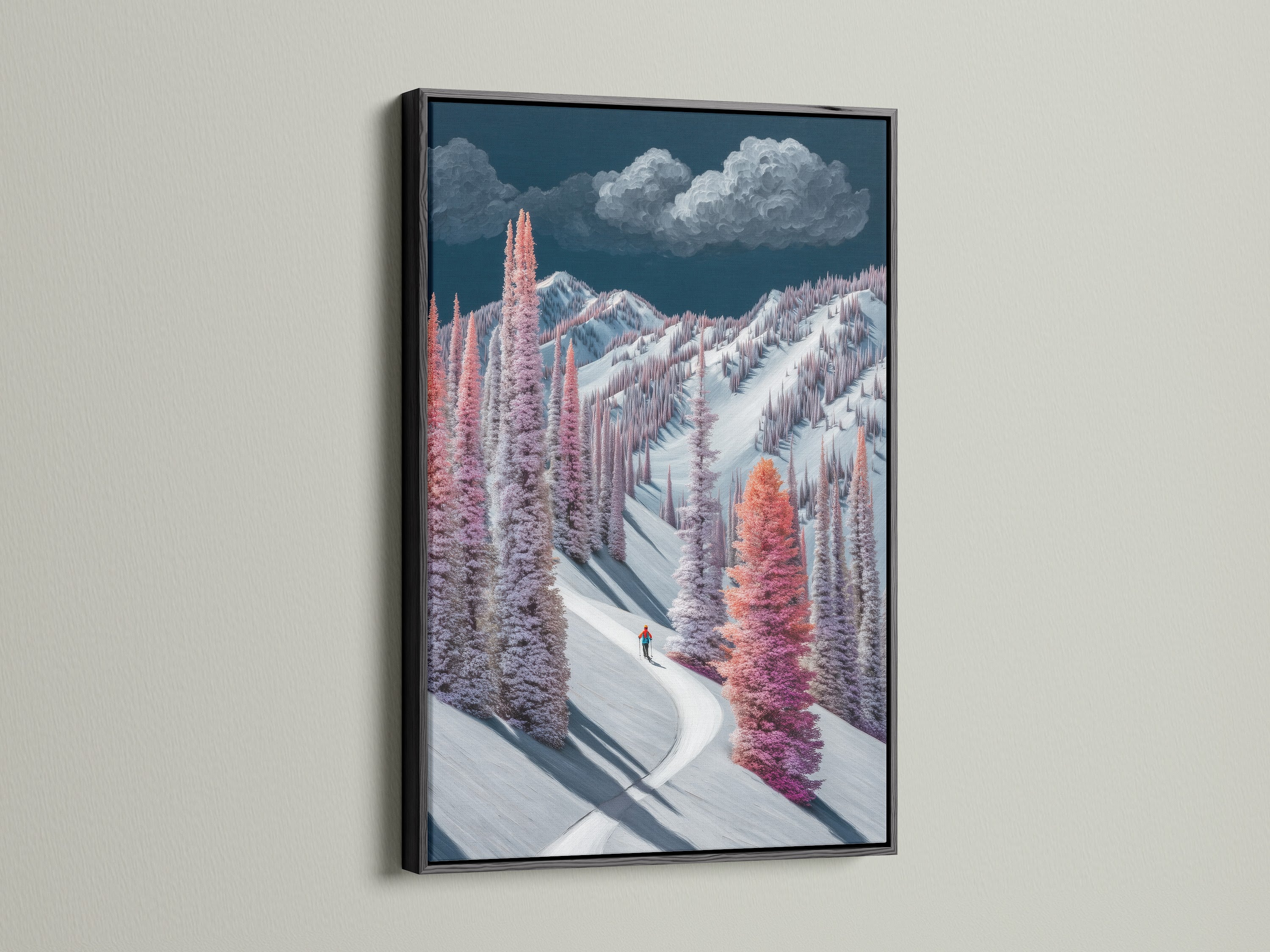 Winter Mountain Canvas Print in a black frame. This artwork features a snowy trees wall art. The pastel landscape painting creates a dramatic effect. The black frame adds a modern touch to the artwork. This is great for bedroom wall art