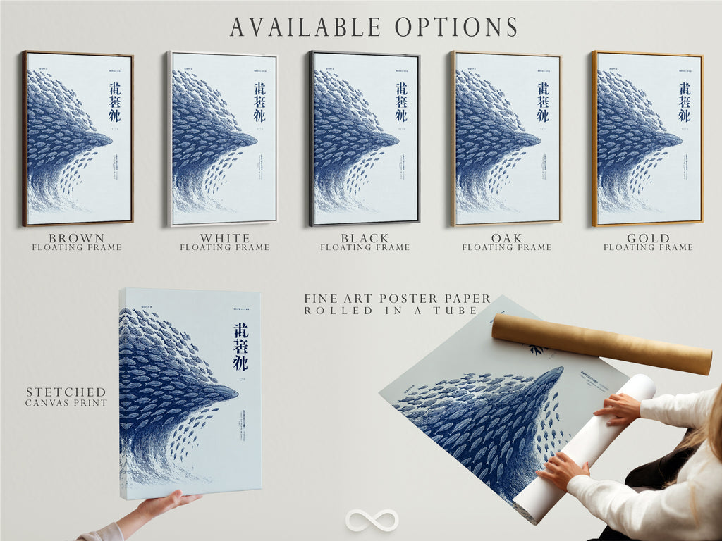 Explore available options including stretched canvas prints fine art poster paper and floating frames. Discover the perfect presentation for your fish school artwork. Transform your space with our blue ocean canvas prints and minimalist art.