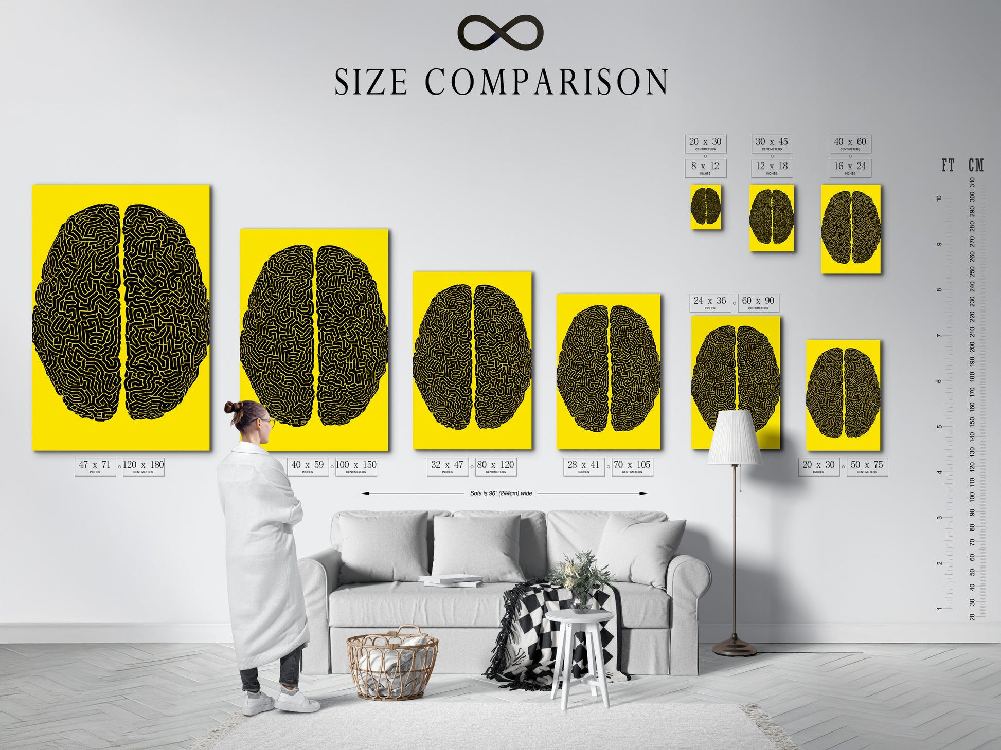 Size comparison chart in interior view. See how different sizes fit your space. This guide helps choose the perfect artwork dimensions. Visualize art in your home before you buy. Find the ideal size to transform your room.