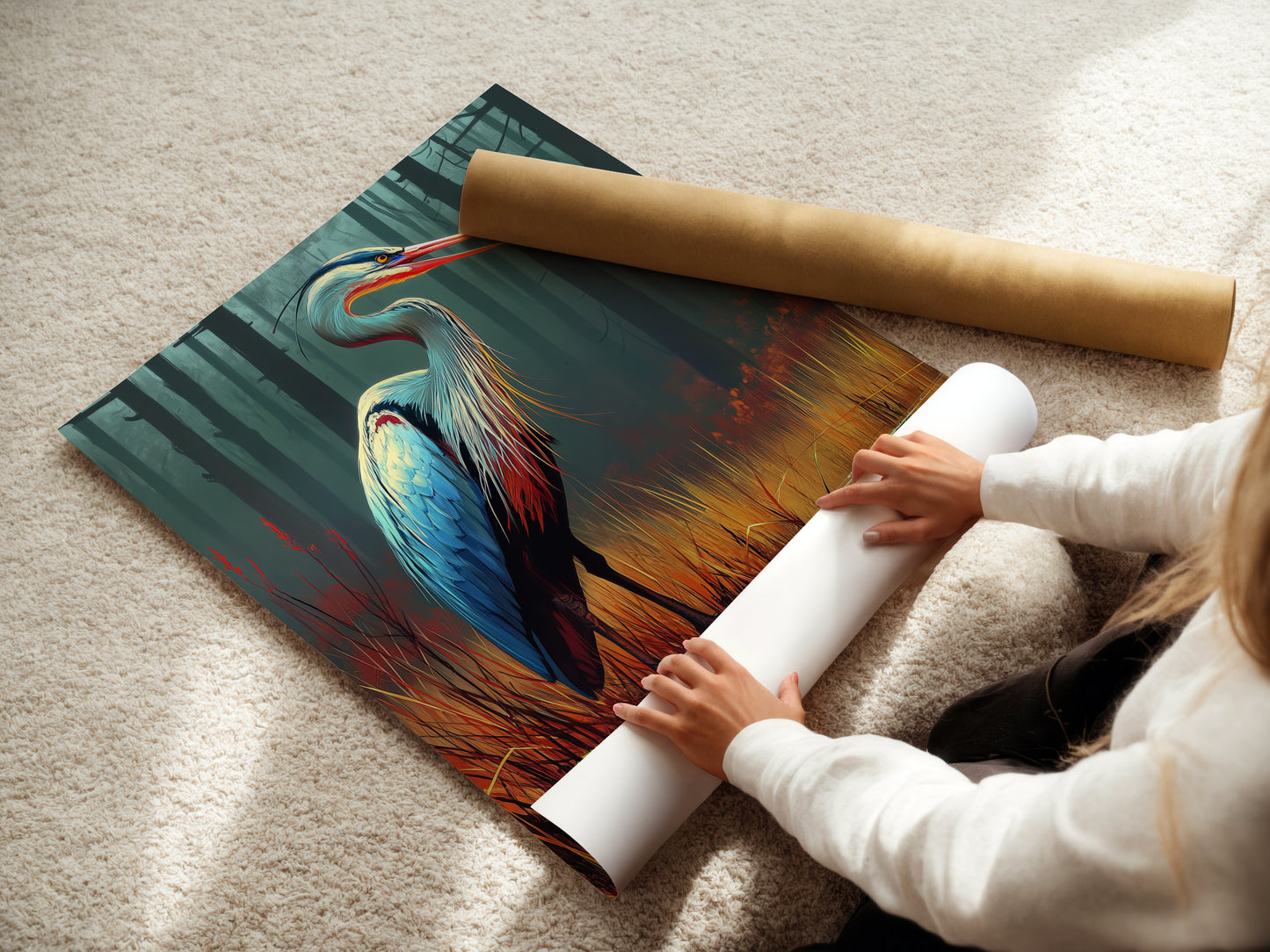A woman carefully rolls a fine art poster paper featuring heron artwork. The teal and orange bird illustration is ready to frame. Choose this option for versatile decor solutions. Perfect for bird lovers and nature enthusiasts. Explore our range of nature prints and wetland art.