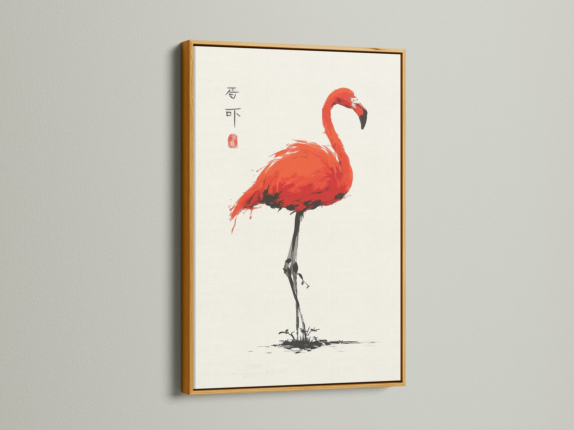 A gold frame accentuates the Asian-style artwork of a red flamingo. The gold frame enriches the exotic bird print. It brings a luxurious feel to tropical wall art. Perfect for business proprietors seeking distinguished oriental wall decor. This adds a touch of elegance to lobbies and spas.