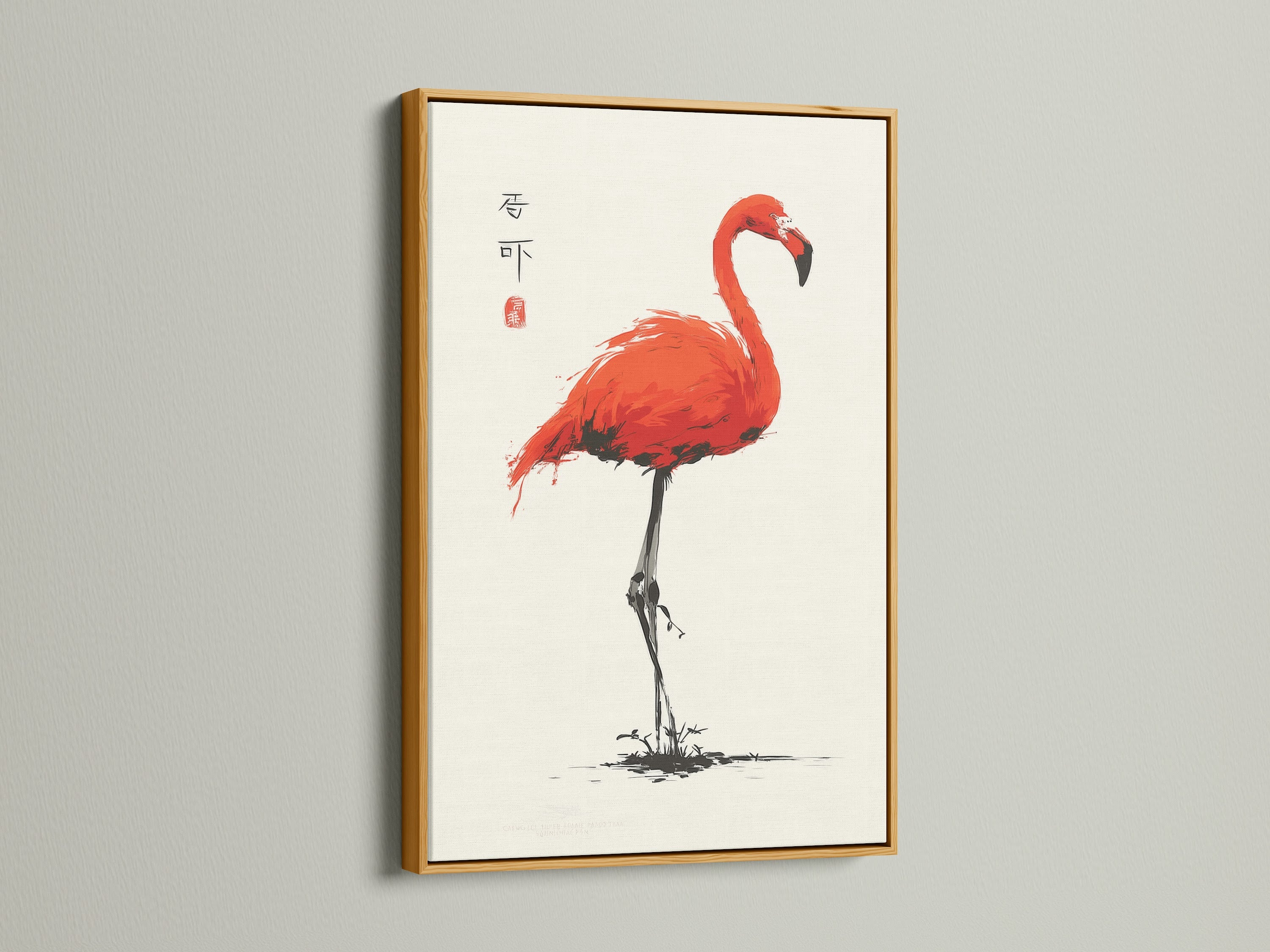 A gold frame accentuates the Asian-style artwork of a red flamingo. The gold frame enriches the exotic bird print. It brings a luxurious feel to tropical wall art. Perfect for business proprietors seeking distinguished oriental wall decor. This adds a touch of elegance to lobbies and spas.