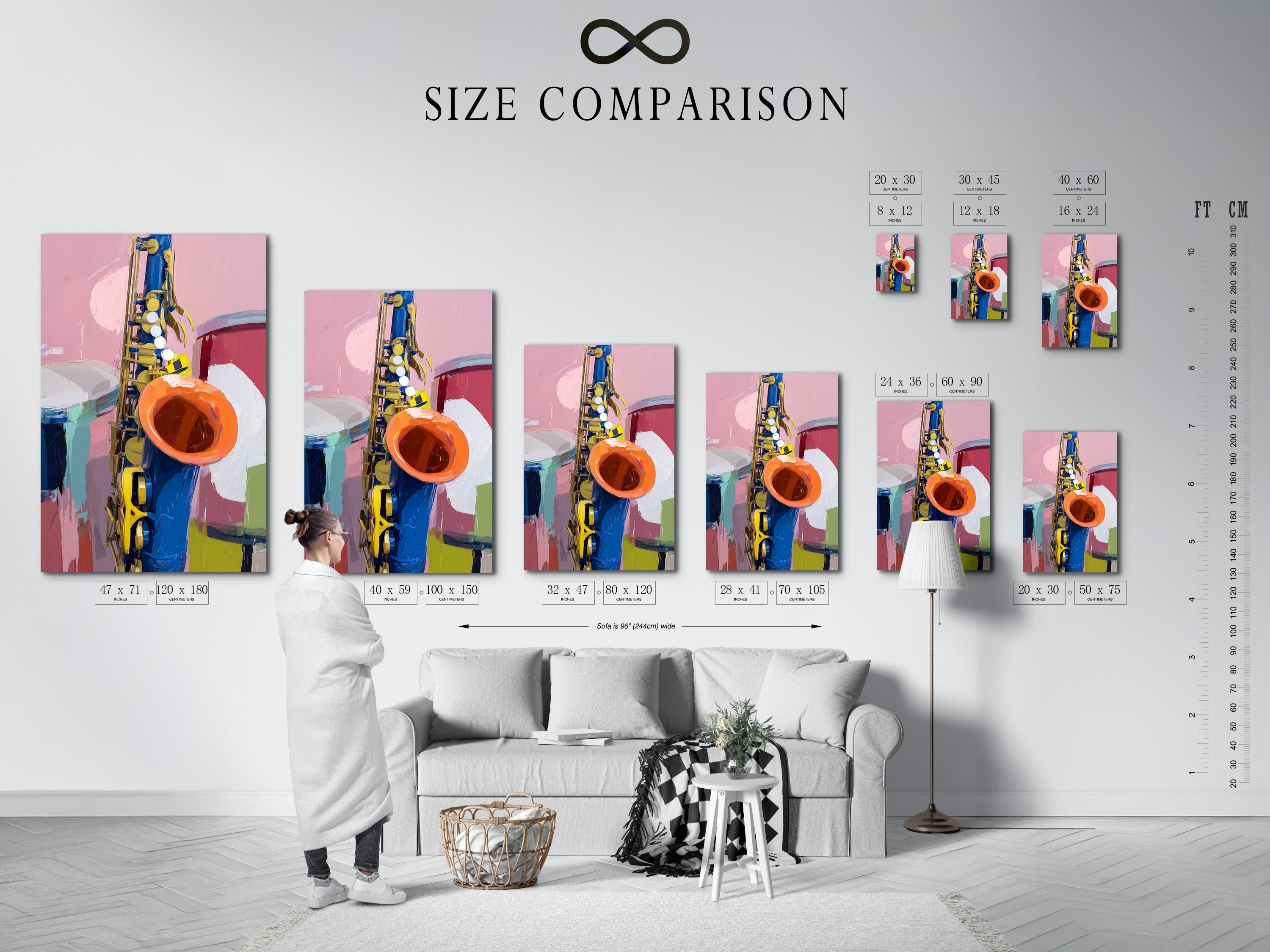 The size comparison chart is displayed in an interior setting. This chart helps you visualize the ideal dimensions for your space. The saxophone artwork is available in various sizes. Find the perfect fit for your music room or studio. This modern jazz art will enhance any room.