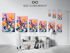A size comparison chart is displayed in an interior setting. See how different sizes look in a room. Choose the perfect size for your artwork. Envision the artwork at various sizes.