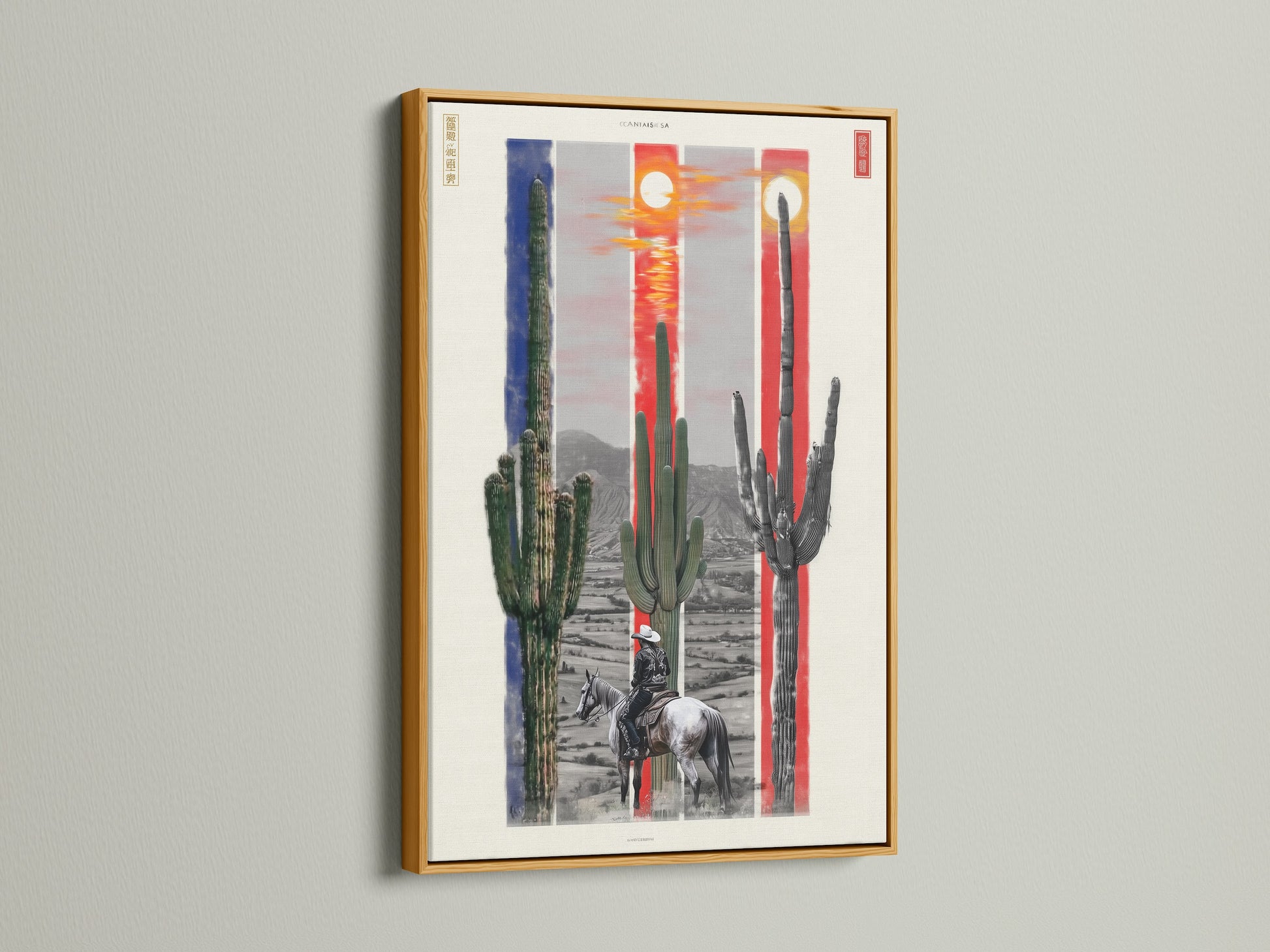 A luxurious gold frame highlights this desert landscape artwork. The cowboy art and cactus print create a rich southwestern feel. The gold frame adds elegance and warmth to this unique piece. It is perfect for enhancing a rustic or eclectic home.