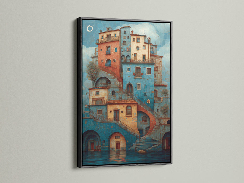 Black frame artwork. This artwork features a stack of buildings with bridges and stairs. The art is framed in a sleek black frame. This wall art brings color and architectural interest to any room. Add a touch of sophistication to your living space.
