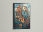 Black frame artwork. This artwork features a stack of buildings with bridges and stairs. The art is framed in a sleek black frame. This wall art brings color and architectural interest to any room. Add a touch of sophistication to your living space.