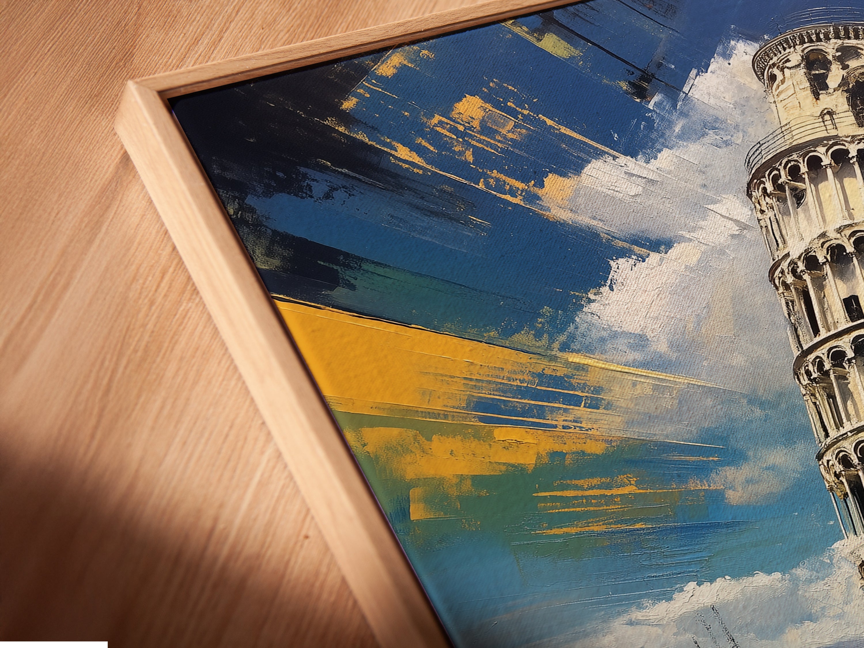 Get a closer look at a canvas print in a floating frame. The floating frame gives the artwork depth. This Italian art will transform any space. It is perfect for renters too.