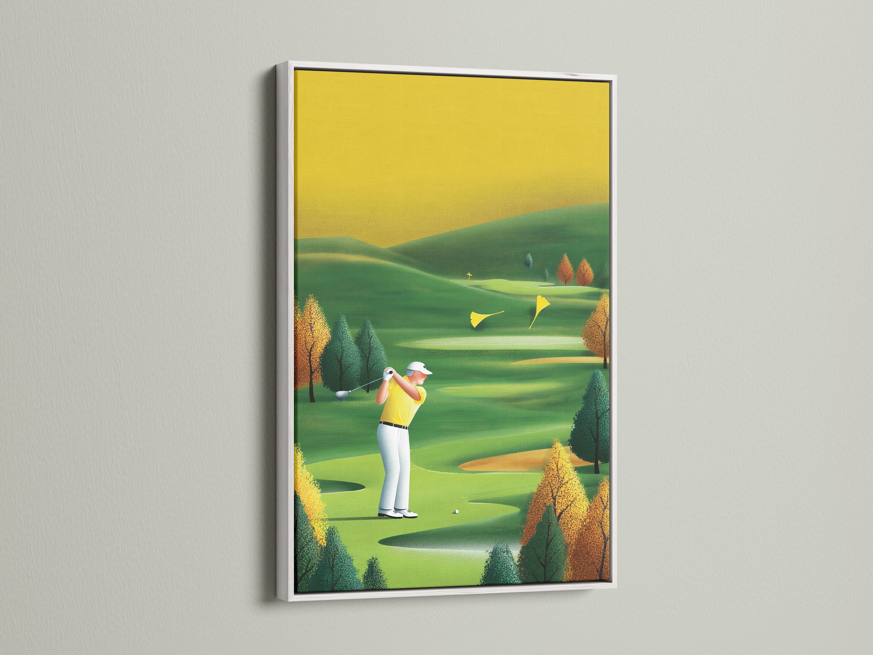 Golf artwork in a clean white frame. The vintage golf art is perfect for a modern space. The golfer artwork adds a sophisticated touch to any room. It is ideal for sports-themed decor. The golf course print brings a fresh aesthetic to your office or man cave.