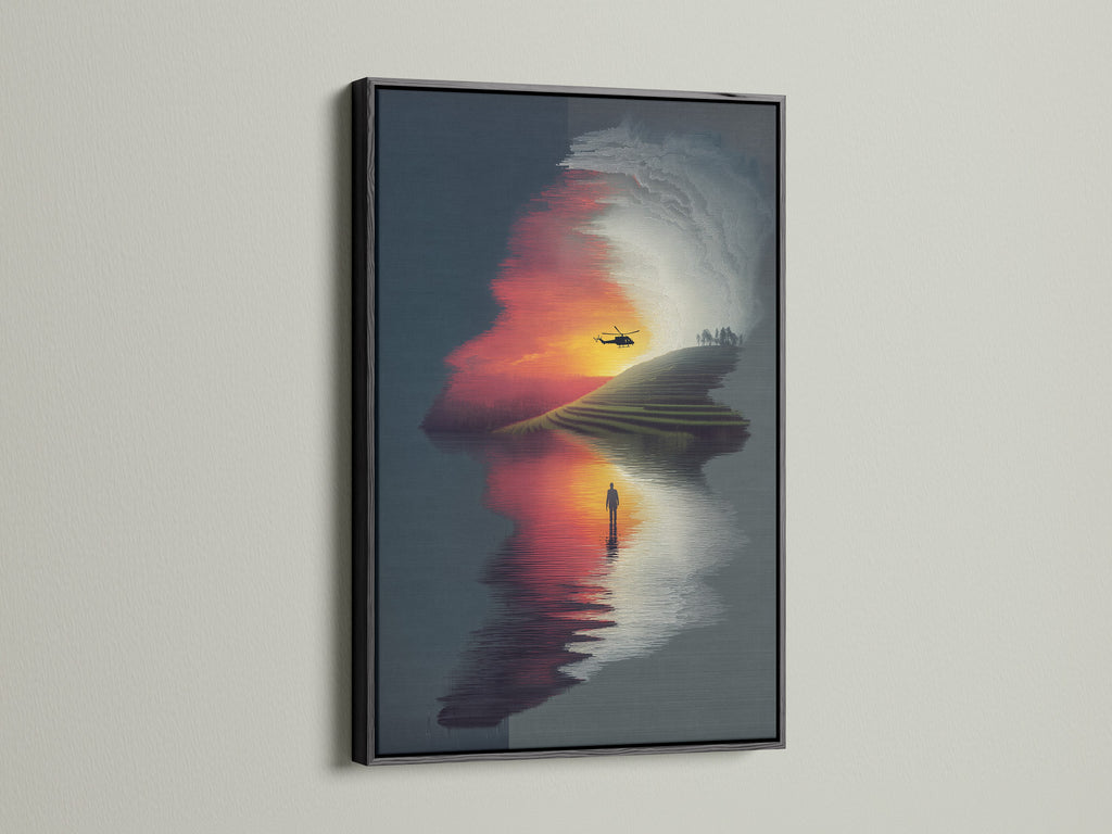 A black frame surrounds this surreal landscape artwork featuring a sunset reflection. This contemporary fine art piece provides a bold contrast. It is perfect for creating a focal point in your office wall art or living room.  This unique artwork fits minimalist styles