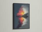 A black frame surrounds this surreal landscape artwork featuring a sunset reflection. This contemporary fine art piece provides a bold contrast. It is perfect for creating a focal point in your office wall art or living room.  This unique artwork fits minimalist styles