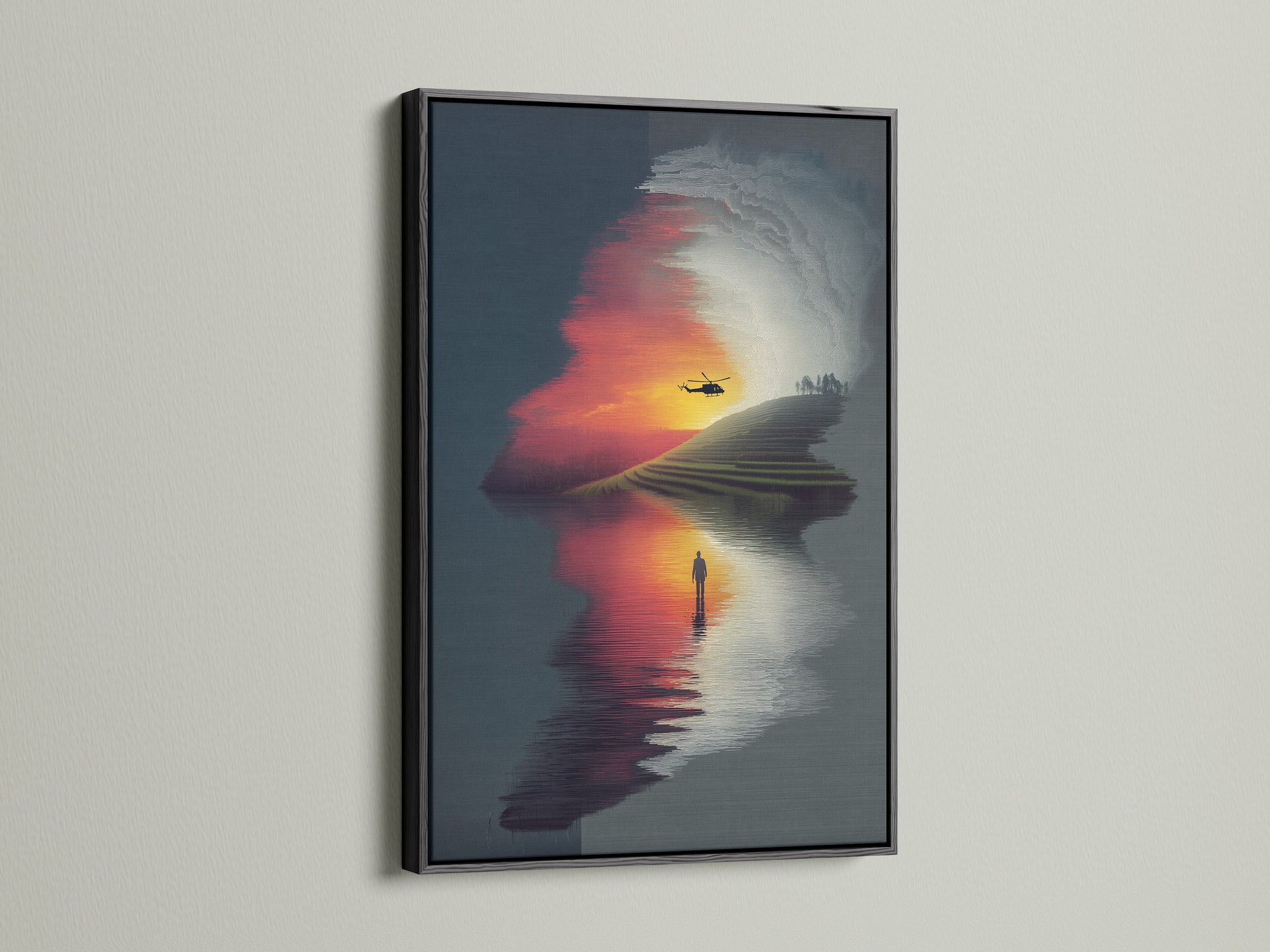 A black frame surrounds this surreal landscape artwork featuring a sunset reflection. This contemporary fine art piece provides a bold contrast. It is perfect for creating a focal point in your office wall art or living room.  This unique artwork fits minimalist styles