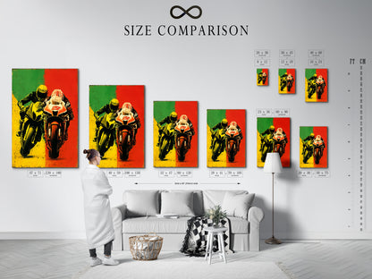 A size comparison chart is displayed in an interior setting. The motorcycle racing artwork is available in various sizes. Find the perfect fit for your space. This automotive print is ideal for living rooms garages and offices. The sport bike art adds a touch of excitement to any room. Explore the options today.