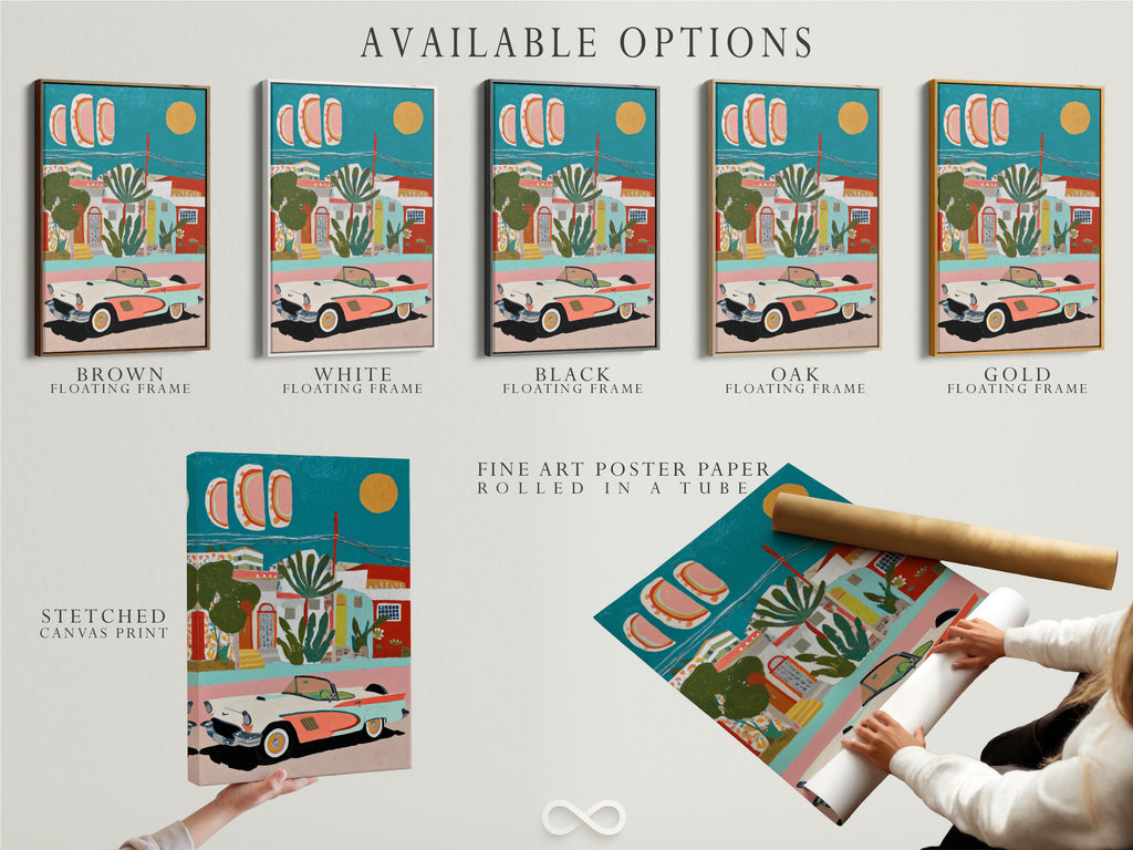 Available options for Mediterranean Village artwork. You can choose from a stretched canvas print fine art poster paper or floating frame. Each option offers a unique way to display this vintage car artwork. Find the perfect style for your home decor.