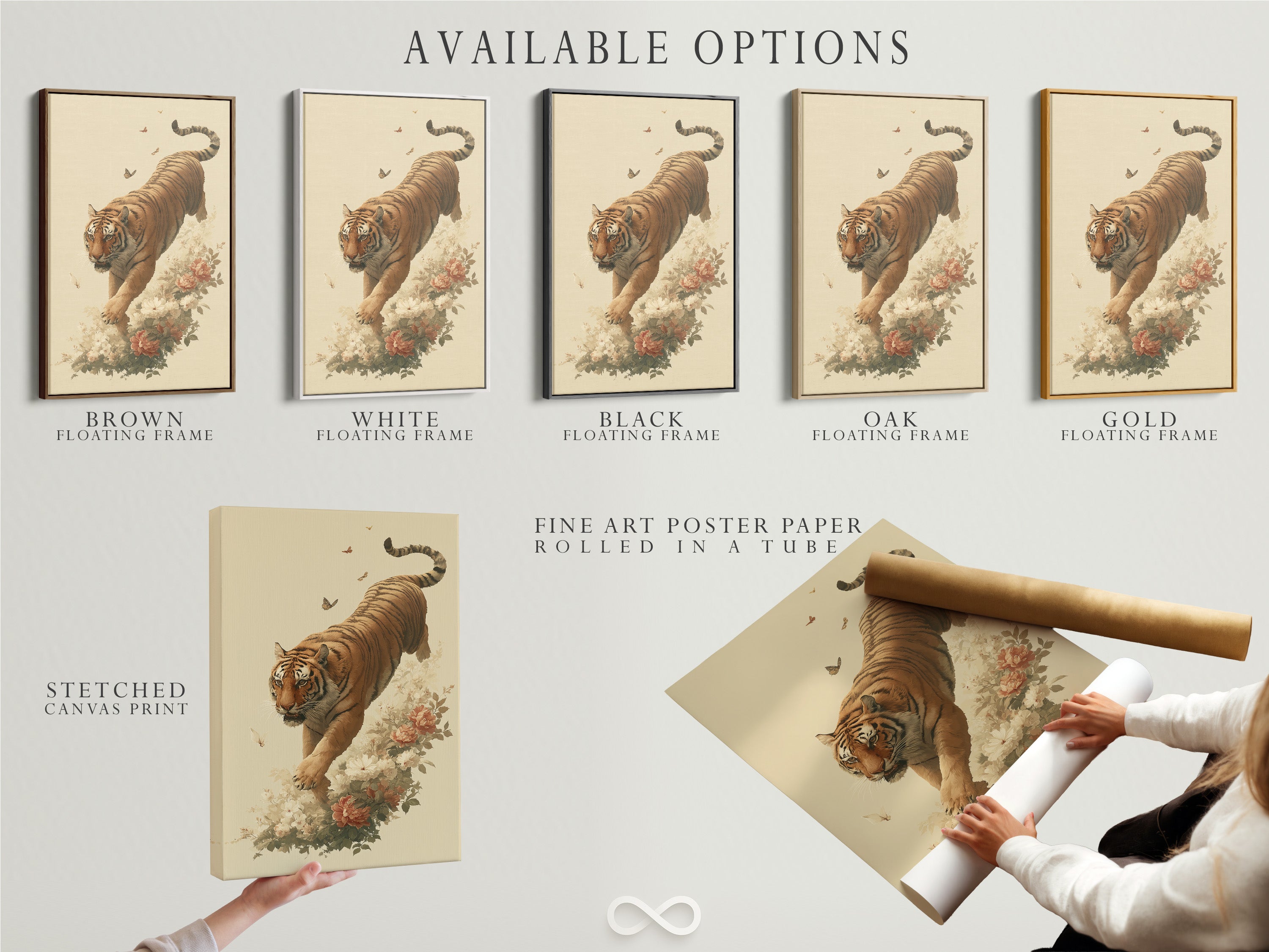 Available options for the vintage tiger art print are displayed. Choose from a stretched canvas print fine art poster paper or a floating frame. Each option enhances the traditional artwork in its own way. The botanical tiger and floral elements make this a timeless piece of asian wall art. Perfect for any home.
