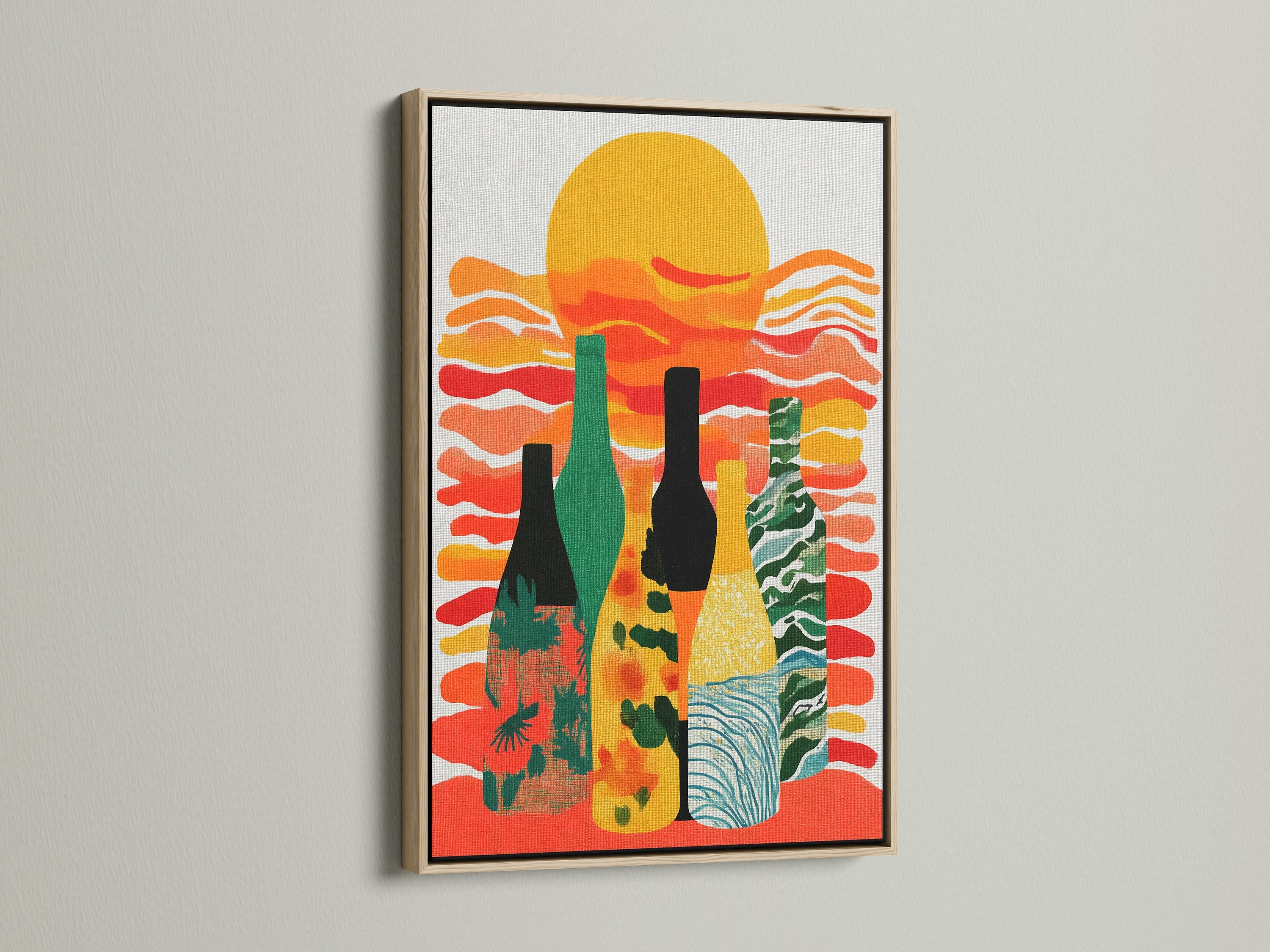 An oak frame showcases a modern abstract artwork of wine bottles. The colorful kitchen art print enhances dining rooms and bars. Its vibrant design is perfect for homeowners and interior designers.