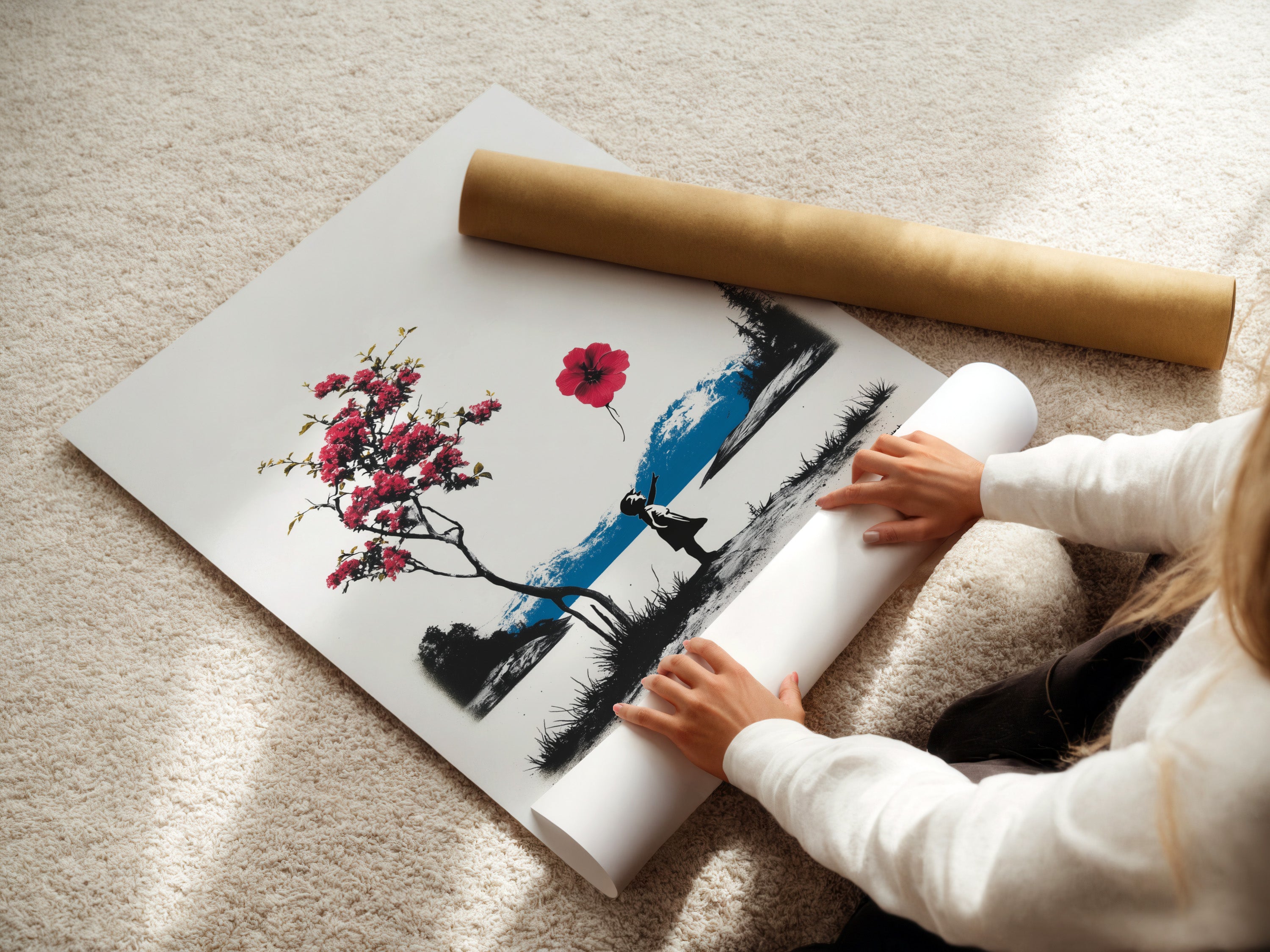 A woman is carefully rolling a fine art poster paper. The poster paper is handled with care. Preparing it for framing or display. Fine art poster paper ensures high quality prints. Preserve the beauty of your art.