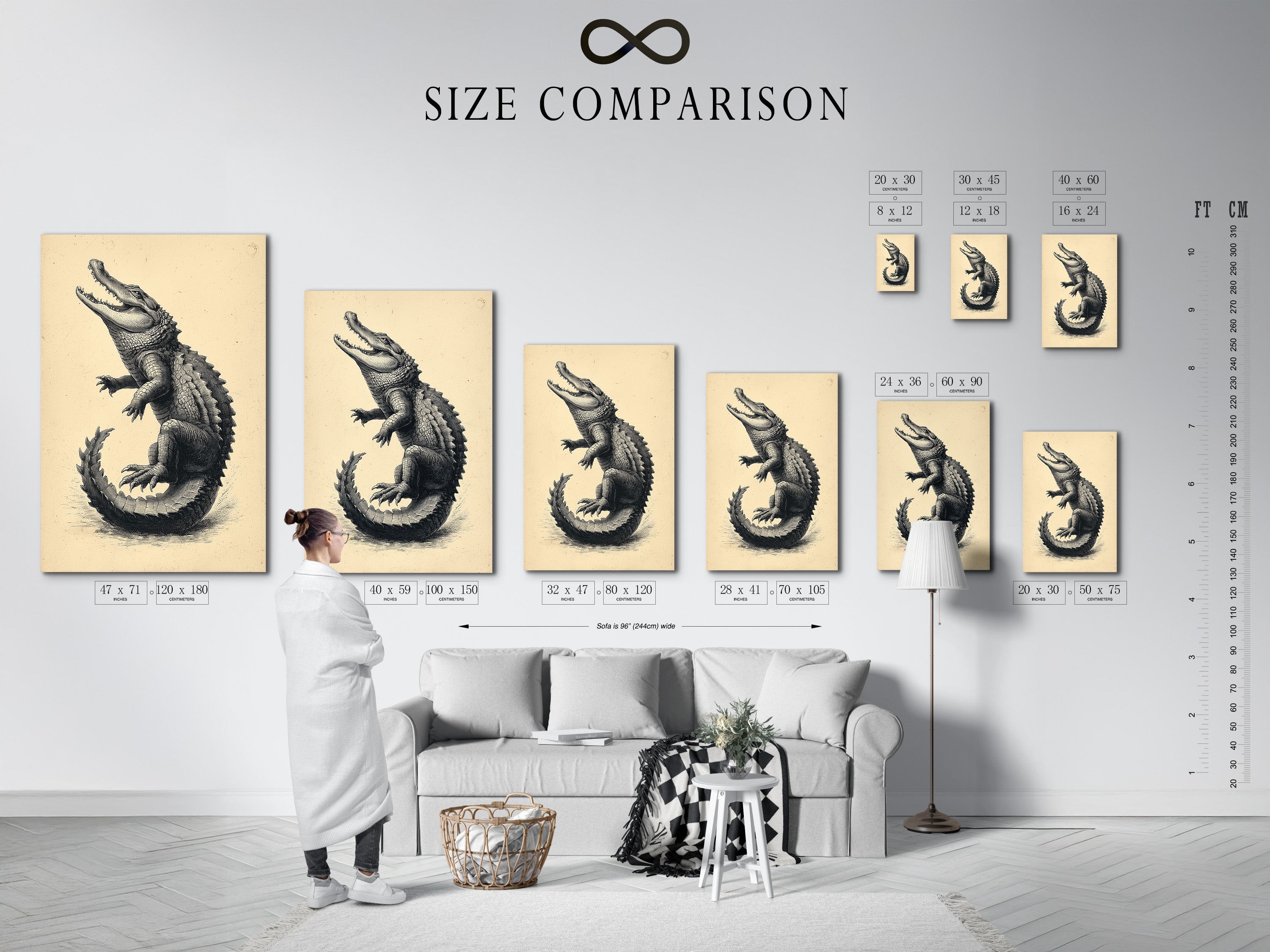 Size comparison chart of vintage alligator artwork in an interior setting. Visualize the perfect fit for your wall. Available in various sizes to suit your study room decor. Find the ideal scale today.