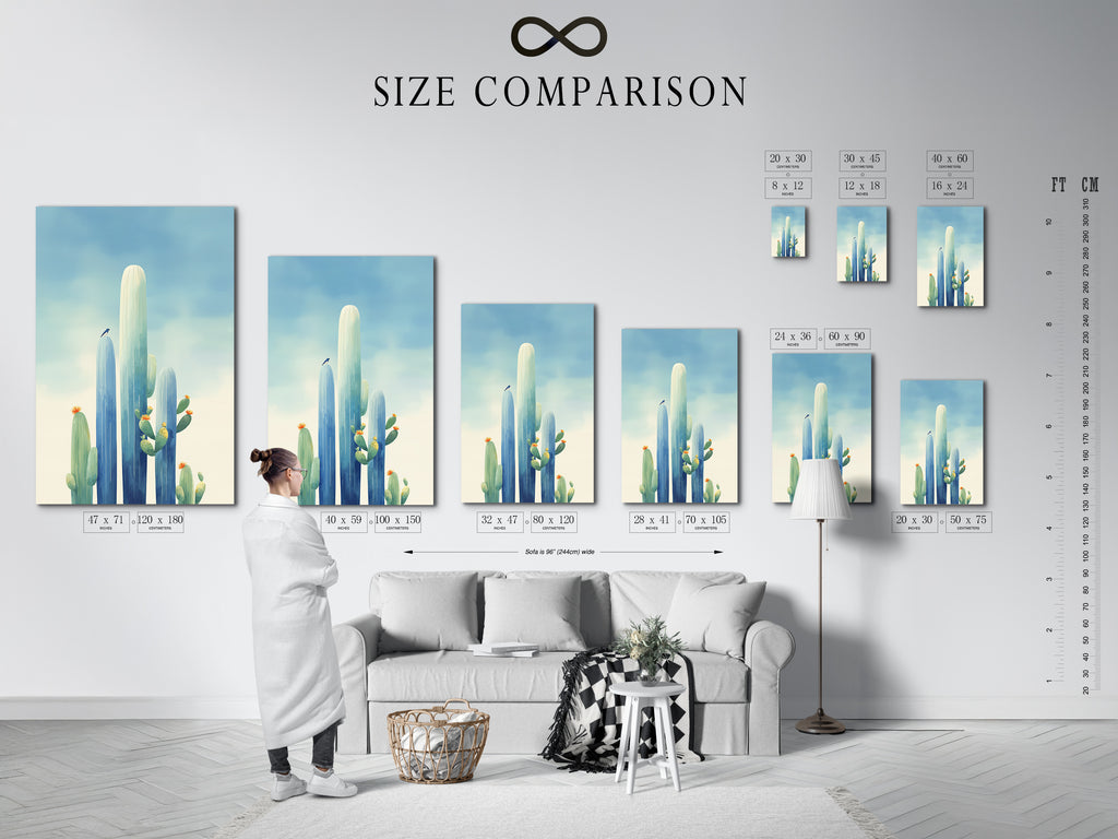 Size comparison chart displayed in a modern interior. Visualize the perfect dimensions for your space. See how different sizes impact your cactus artwork or desert canvas art. Find the ideal fit for your southwestern decor and teal blue prints. Transform your home.