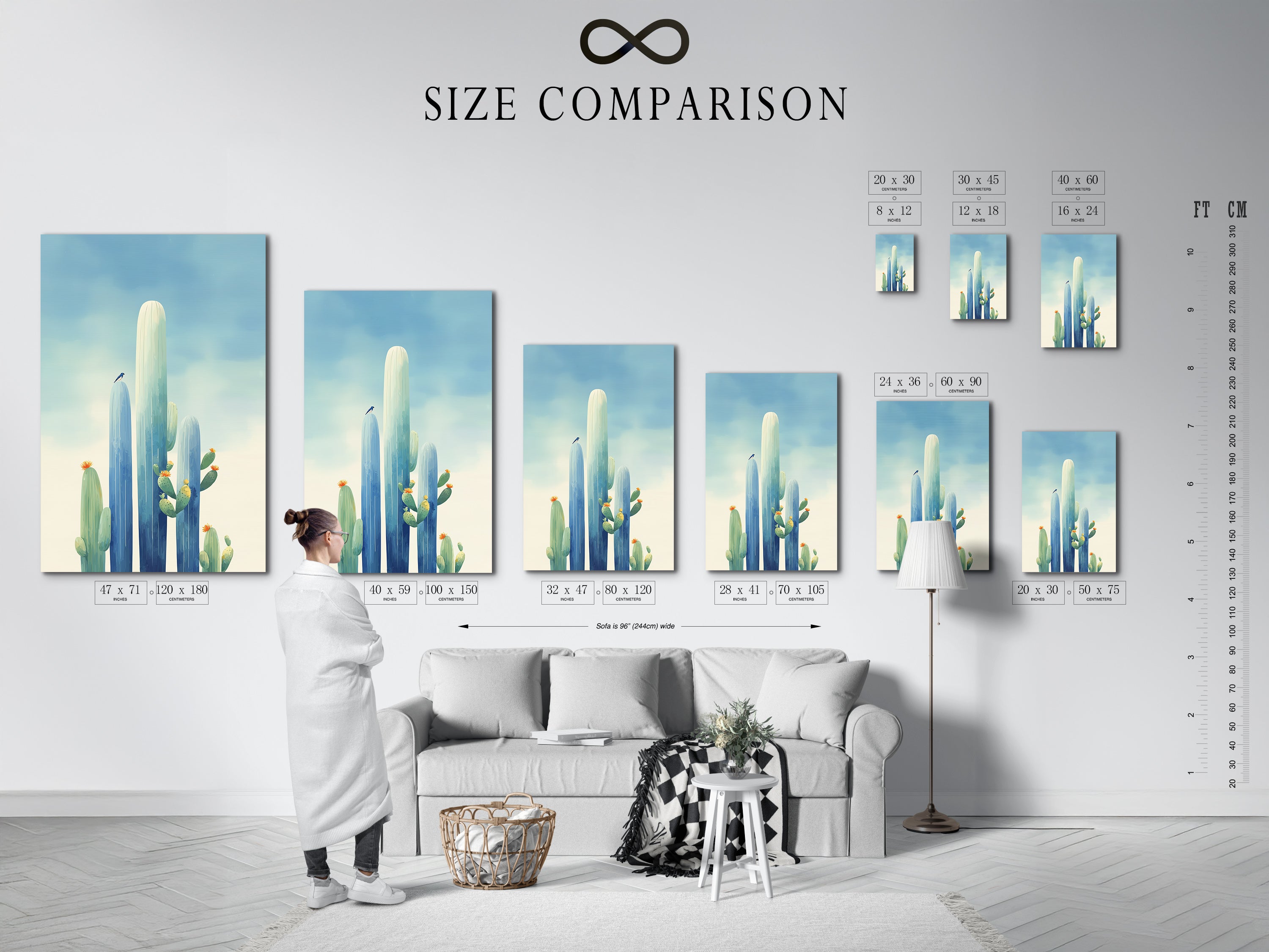 Size comparison chart in an interior setting. This chart helps you choose the perfect desert wall art for your space. See how different sizes of southwestern art look in a room. Find the ideal blue art print today.