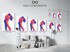 A size comparison chart featuring the Passionate Embrace artwork in an interior setting. See how different sizes fit your space. This love wall decor is perfect for any room. Choose the ideal size for your couple art today.