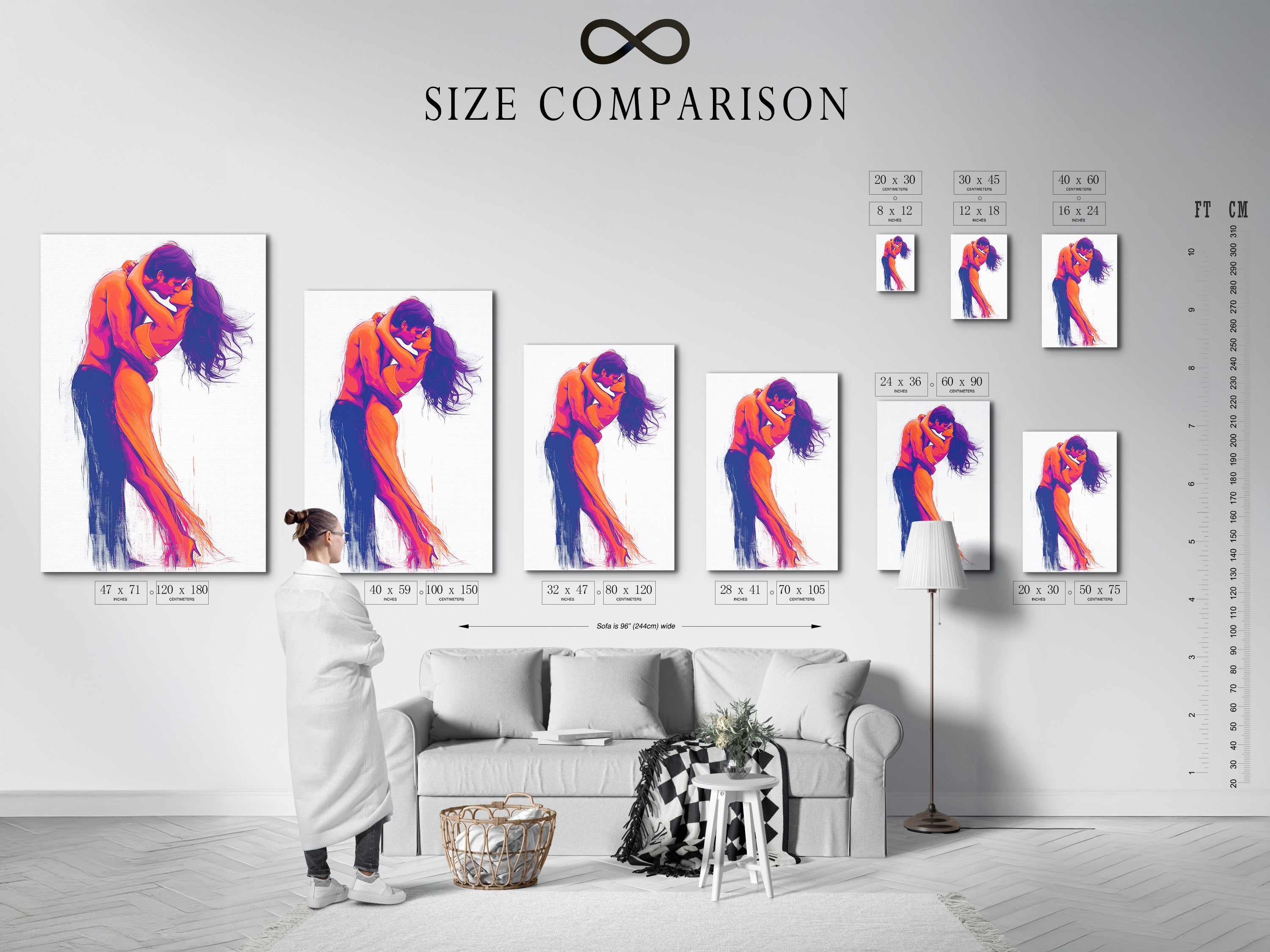 A size comparison chart featuring the Passionate Embrace artwork in an interior setting. See how different sizes fit your space. This love wall decor is perfect for any room. Choose the ideal size for your couple art today.