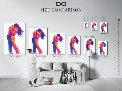 A size comparison chart featuring the Passionate Embrace artwork in an interior setting. See how different sizes fit your space. This love wall decor is perfect for any room. Choose the ideal size for your couple art today.