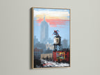 A vibrant NYC Cityscape Canvas Print showcasing a superhero perched atop a water tower. The artwork is framed in oak creating a modern and stylish look for urban and comic book art enthusiasts.