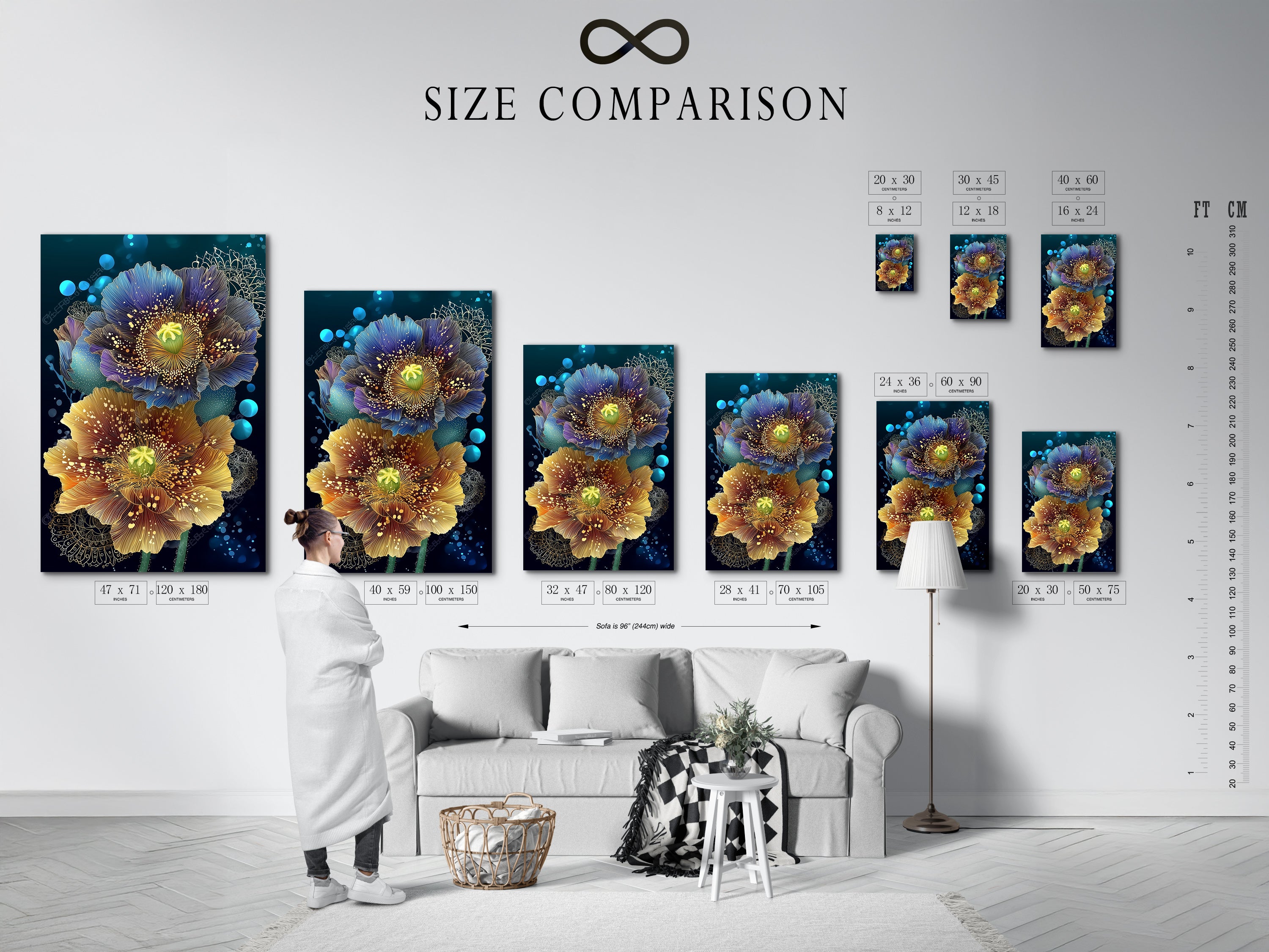 Size comparison chart displayed in an interior setting. See how our floral canvas prints fit in your space. Visualize your teal wall art and gold decor. Find the perfect size for your modern artwork!