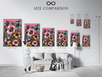 Size comparison chart for tropical floral artwork in an interior setting. Visualize the perfect fit for your space. Choose from stretched canvas prints fine art poster paper or floating frames. Find your ideal size.