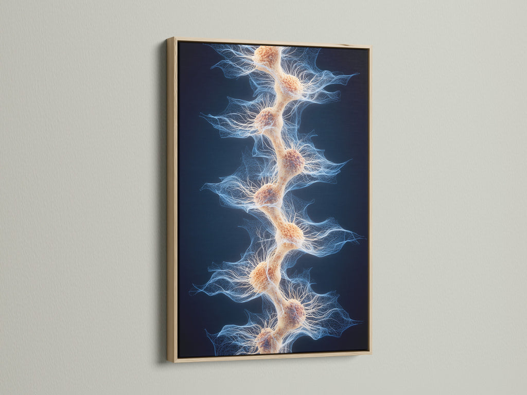 The artwork is displayed in a floating oak frame. The oak frame gives the artwork a natural look. The art piece is displayed against a white wall. The frame is a great choice for any room. Get yours today and display your art.
